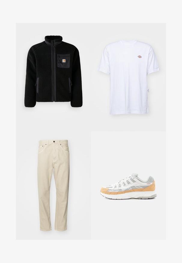 Schwarze Fleecejacke mit Reißverschluss vorne, hohem Kragen und strukturiertem Material. Verfügt über eine Brusttasche und seitliche Taschen mit Reißverschluss.; Weißes Baumwoll-T-Shirt mit V-Ausschnitt und kurzen Ärmeln. Besitzt ein kleines, buntes, gesticktes Logo auf der linken Brustseite. Weiches Material.; Beige Baumwollhose mit geradem Bein, fünf Taschen und Metallakzenten. Glatte Textur mit minimalen Nähdetails.; Weiße und graue Sneaker mit hellorangen Akzenten, aus Mesh- und Leder-Materialien, mit einer strukturierten Sohle und geometrischem Muster an den Seiten.