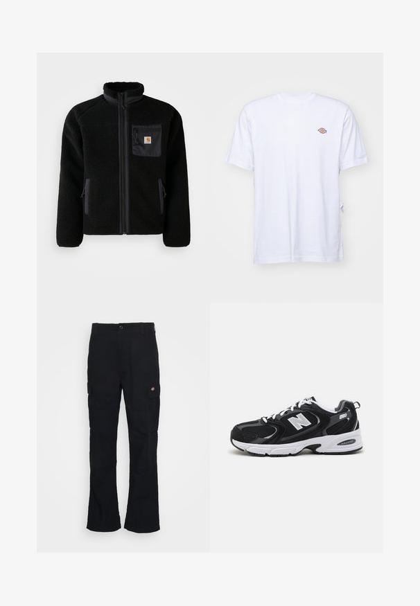 Schwarze Fleecejacke mit Reißverschluss vorne, hohem Kragen und strukturiertem Material. Verfügt über eine Brusttasche und seitliche Taschen mit Reißverschluss.; Weißes Baumwoll-T-Shirt mit V-Ausschnitt und kurzen Ärmeln. Besitzt ein kleines, buntes, gesticktes Logo auf der linken Brustseite. Weiches Material.; Schwarze Cargo-Hose mit geradem Bein, aus strapazierfähigem Stoff gefertigt, mit Seitentaschen und einem aufgenähten Logo auf der linken Seite.; Schwarze und graue Sportschuhe mit Obermaterial aus Mesh und Wildleder, ausgestattet mit einer weißen Zwischensohle, Schnürsenkeln und einem markanten "N"-Logo an der Seite.
