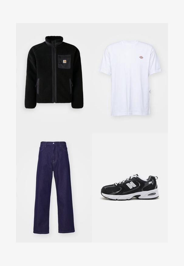 Schwarze Fleecejacke mit Reißverschluss vorne, hohem Kragen und strukturiertem Material. Verfügt über eine Brusttasche und seitliche Taschen mit Reißverschluss.; Weißes Baumwoll-T-Shirt mit V-Ausschnitt und kurzen Ärmeln. Besitzt ein kleines, buntes, gesticktes Logo auf der linken Brustseite. Weiches Material.; Dunkelblaue Denim-Hosen mit weitem Bein und hoher Taille, ausgestattet mit vorderen Taschen und einem Knopfverschluss, der eine glatte, strapazierfähige Textur zeigt.; Schwarze und graue Sportschuhe mit Obermaterial aus Mesh und Wildleder, ausgestattet mit einer weißen Zwischensohle, Schnürsenkeln und einem markanten "N"-Logo an der Seite.