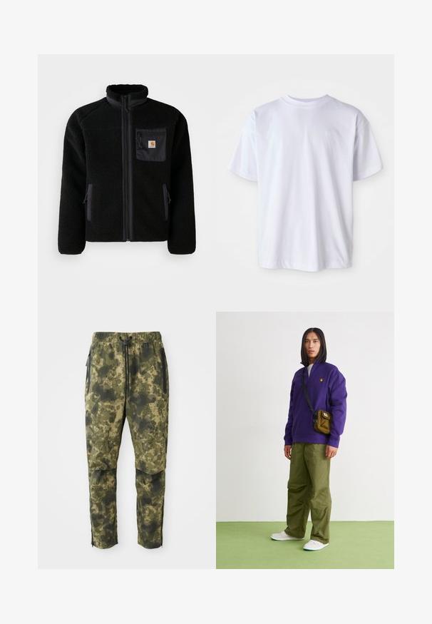 Schwarze Fleecejacke mit Reißverschluss vorne, hohem Kragen und strukturiertem Material. Verfügt über eine Brusttasche und seitliche Taschen mit Reißverschluss.; Weißes Baumwoll-T-Shirt mit Rundhalsausschnitt und kurzen Ärmeln. Verfügt über ein dezentes Logo, das in passender Farbe auf der linken Brust gestickt ist.; Tarnhosen in verschiedenen Grüntönen mit einem digitalen Muster. Sie verfügen über einen elastischen Bund, einen Kordelzug und seitliche, mit Reißverschluss ausgestattete Taschen.; Jordan AIR JORDAN 1 ZM CMFT 2 - Sneaker high - summit white/bicoastal/oxidized green