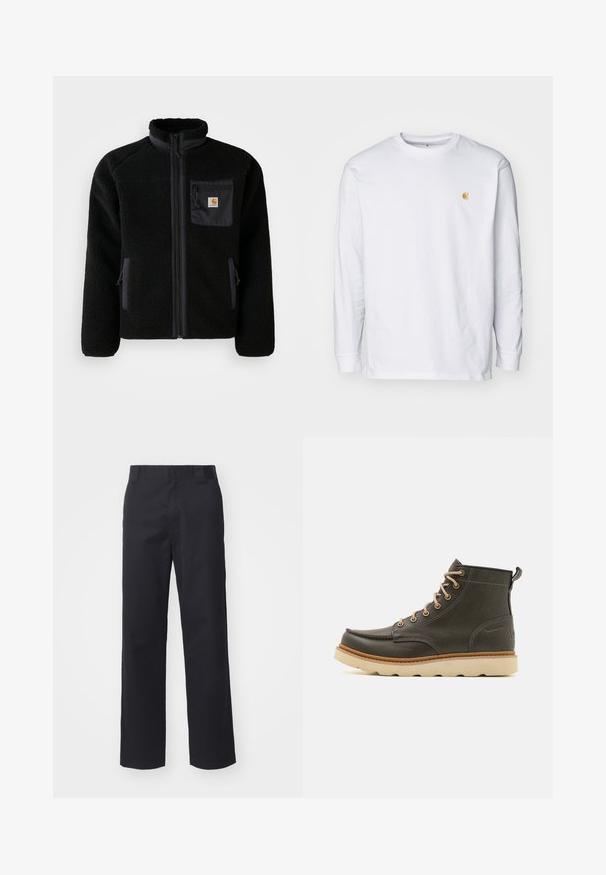 Schwarze Fleecejacke mit Reißverschluss vorne, hohem Kragen und strukturiertem Material. Verfügt über eine Brusttasche und seitliche Taschen mit Reißverschluss.; Weißes Langarm-T-Shirt aus Baumwolle. Mit kleinem goldenem Logo auf der Brust und Rundhalsausschnitt. Einfaches Design und normale Passform.; Schwarze gerade geschnittene Hose aus einem Baumwollmischgewebe. Verfügt über einen flachen Bund mit Gürtelschlaufen und keinerlei sichtbare Hardware oder Verzierungen.; Dunkelgrüne Lederknöchelstiefel mit beigen Schnürsenkeln, gepolsterter Schuhkragen und strukturiertem Gummisohle. Verfügt über wasserdichte Markierungen und Nähdetails.
