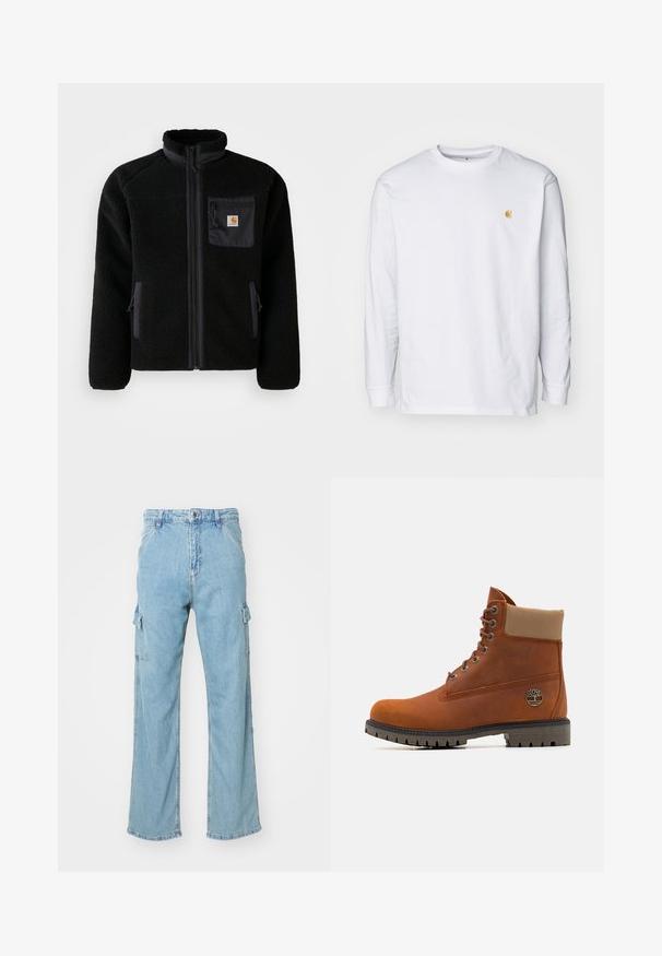 Schwarze Fleecejacke mit Reißverschluss vorne, hohem Kragen und strukturiertem Material. Verfügt über eine Brusttasche und seitliche Taschen mit Reißverschluss.; Weißes Langarm-T-Shirt aus Baumwolle. Mit kleinem goldenem Logo auf der Brust und Rundhalsausschnitt. Einfaches Design und normale Passform.; Helle blaue Denim-Cargohosen mit weitem Bein, ausgestattet mit zwei seitlichen Cargotaschen und einem klassischen Knopfverschluss. Strukturierter Stoff mit ausgewaschenem Finish.; Timberland Schnürstiefelette - medium orange