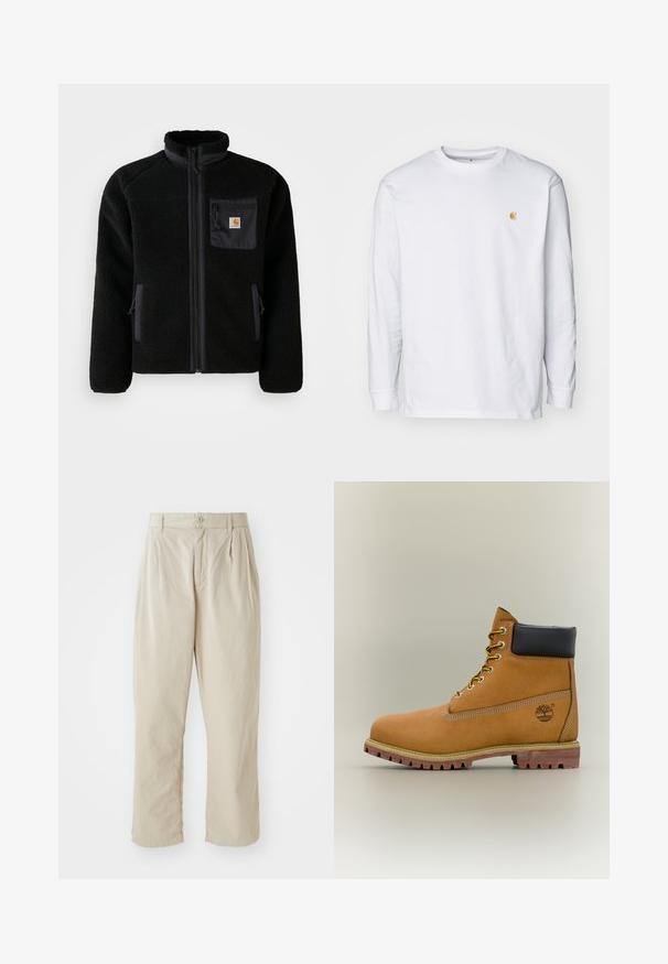Veste en polaire noire avec fermeture éclair à l'avant, col haut et tissu texturé. Elle dispose d'une poche sur la poitrine et de poches latérales avec fermetures éclair.; T-shirt à manches longues blanc en coton. Présente un petit logo doré sur la poitrine et un col rond. Design simple et coupe standard.; Pantalons beiges légers avec une coupe décontractée, plis rentrés à l'avant, fermeture à bouton et ourlets retroussés. Texture lisse, design minimal.; Bottine en cuir marron avec col noir, lacets jaunes et semelle beige. Présente un logo et des détails de couture blanche. Semelle extérieure à traction robuste.