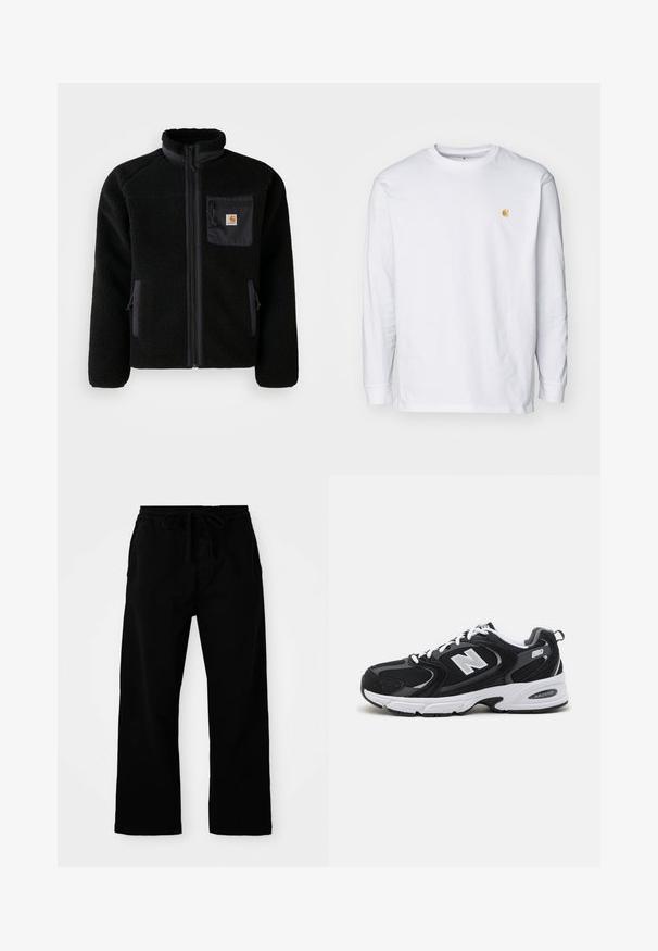 Veste en polaire noire avec fermeture éclair à l'avant, col haut et tissu texturé. Elle dispose d'une poche sur la poitrine et de poches latérales avec fermetures éclair.; T-shirt à manches longues blanc en coton. Présente un petit logo doré sur la poitrine et un col rond. Design simple et coupe standard.; Pantalons noirs à taille élastique avec cordon de serrage réglable, jambes larges et texture en coton lisse. Pas de motifs ni de détails matériels visibles.; Baskets de sport noires et grises avec un tige en mesh et en suède, présentant une semelle intermédiaire blanche, des lacets et un logo "N" audacieux sur le côté.