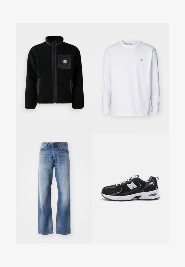 Schwarze Fleecejacke mit Reißverschluss vorne, hohem Kragen und strukturiertem Material. Verfügt über eine Brusttasche und seitliche Taschen mit Reißverschluss.; Weißes Langarm-T-Shirt aus Baumwolle. Mit kleinem goldenem Logo auf der Brust und Rundhalsausschnitt. Einfaches Design und normale Passform.; Blaue Jeans mit geradem Bein aus Denim, mit leichtem Verblassen an den Oberschenkeln und Knien, ausgestattet mit fünf Taschen und einem Knopfverschluss.; Schwarze und graue Sportschuhe mit Obermaterial aus Mesh und Wildleder, ausgestattet mit einer weißen Zwischensohle, Schnürsenkeln und einem markanten "N"-Logo an der Seite.