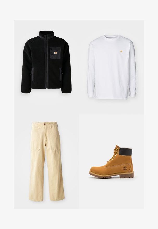 Schwarze Fleecejacke mit Reißverschluss vorne, hohem Kragen und strukturiertem Material. Verfügt über eine Brusttasche und seitliche Taschen mit Reißverschluss.; Weißes Langarm-T-Shirt aus Baumwolle. Mit kleinem goldenem Logo auf der Brust und Rundhalsausschnitt. Einfaches Design und normale Passform.; Beige Weitbein-Hosen aus Baumwolle. Sie haben eine hohe Taille, zwei vordere Taschen mit flachem Design und einen einzelnen Knopfverschluss.; Braune Leder-Ankle-Boots mit Metallösen, weißem Kunstfellfutter, schwarzem gepolstertem Kragen, robustem Sohlenprofil und geprägtem Logo an der Seite.