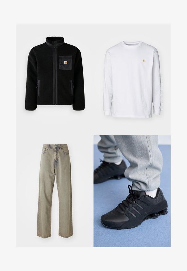 Schwarze Fleecejacke mit Reißverschluss vorne, hohem Kragen und strukturiertem Material. Verfügt über eine Brusttasche und seitliche Taschen mit Reißverschluss.; Weißes Langarm-T-Shirt aus Baumwolle. Mit kleinem goldenem Logo auf der Brust und Rundhalsausschnitt. Einfaches Design und normale Passform.; Helle graue, weit geschnittene Jeans aus Denim, mit einer ausgebleichtenen Textur, sichtbaren Nähten und traditionellem Knopf- und Reißverschluss.; Person in schwarzen Nike Shox Sneakers und grauen Jogginghosen, der auf einem hellblauen Teppich steht.