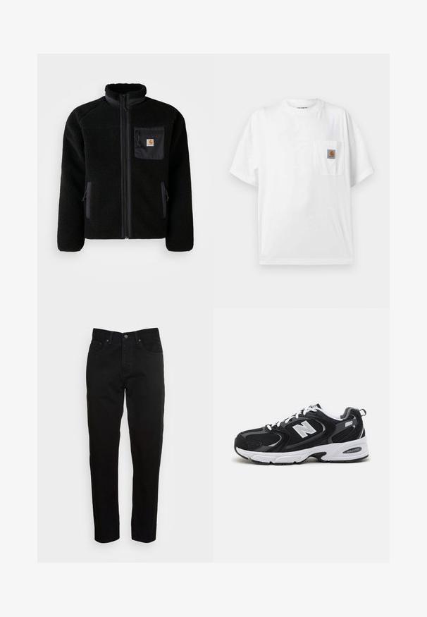 Schwarze Fleecejacke mit Reißverschluss vorne, hohem Kragen und strukturiertem Material. Verfügt über eine Brusttasche und seitliche Taschen mit Reißverschluss.; Weißes T-Shirt mit kurzen Ärmeln und Rundhalsausschnitt mit einer Brusttasche, die einen kleinen braunen und schwarzen Carhartt-Logo-Patch zeigt.; Schwarze Slim-Fit-Jeans mit vorderem Knopfverschluss und fünf Taschen-Design, vor einem schlichten hellgrauen Hintergrund präsentiert.; Schwarze und graue Sportschuhe mit Obermaterial aus Mesh und Wildleder, ausgestattet mit einer weißen Zwischensohle, Schnürsenkeln und einem markanten "N"-Logo an der Seite.