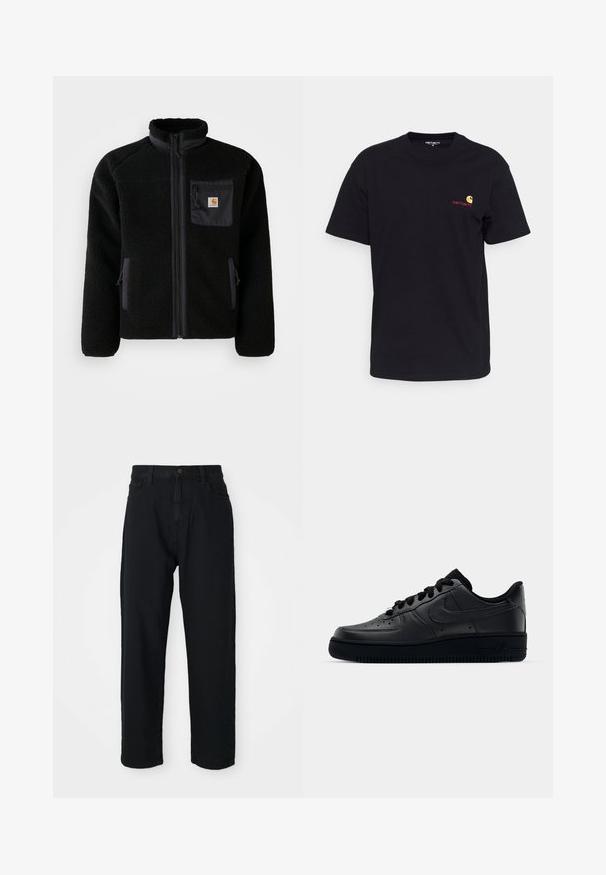 Veste en polaire noire avec fermeture éclair à l'avant, col haut et tissu texturé. Elle dispose d'une poche sur la poitrine et de poches latérales avec fermetures éclair.; T-shirt en coton noir à manches courtes, col rond, avec un petit logo coloré sur la poitrine gauche. Coupe classique avec une texture lisse.; Pantalons en denim noir avec une coupe droite. Comprend un design classique à cinq poches, une fermeture à bouton et une texture de tissu subtile.; Baskets Nike Air Force 1 noires avec un dessus en cuir lisse, bout perforé pour la respirabilité, lacets noirs et semelle en caoutchouc texturé.