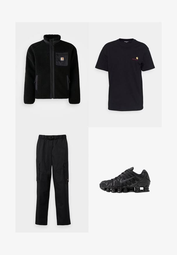 Schwarze Fleecejacke mit Reißverschluss vorne, hohem Kragen und strukturiertem Material. Verfügt über eine Brusttasche und seitliche Taschen mit Reißverschluss.; Schwarzes Baumwoll-T-Shirt mit kurzen Ärmeln, rundem Halsausschnitt und kleinem bunten Logo auf der linken Brust. Klassischer Schnitt mit glatter Textur.; Schwarze Cargo-Hosen mit elastischem Bund, verstellbarem Gürtel, mehreren Seitentaschen und einer glatten, leichten Stoffbeschaffenheit.; Schwarze Sportschuhe aus Mesh- und synthetischen Materialien mit einem markanten wellenförmigen Design, schwarzer Gummisohle und reflektierenden Akzenten.