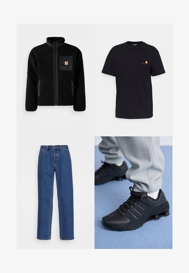 Schwarze Fleecejacke mit Reißverschluss vorne, hohem Kragen und strukturiertem Material. Verfügt über eine Brusttasche und seitliche Taschen mit Reißverschluss.; Schwarzes Baumwoll-T-Shirt mit kurzen Ärmeln, rundem Halsausschnitt und kleinem bunten Logo auf der linken Brust. Klassischer Schnitt mit glatter Textur.; Blaue Jeans aus Denim mit einem klassischen geraden Bein-Design, ausgestattet mit einer hohen Taille, Gürtelschlaufen und dezenten Stickdetails.; Person in schwarzen Nike Shox Sneakers und grauen Jogginghosen, der auf einem hellblauen Teppich steht.