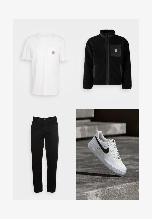 Sort fleecejakke med lynlås foran, høj krave og struktureret stof. Har en brystlomme og sidelommer med lynlåse.; Hvid bomulds T-shirt med korte ærmer, en brystlomme, og et lille firkantet logo patch i orange og hvid på lommen.; Sorte slim-fit jeans med frontknaplukning og fem-lomme design, vist mod en enkel lys grå baggrund.; Hvid Nike Air Force 1-sneaker med sort swoosh, snørebånd bundet, placeret i luften over tekstureret betonoverflade udendørs.