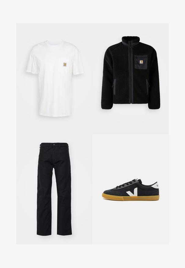 Schwarze Fleecejacke mit Reißverschluss vorne, hohem Kragen und strukturiertem Material. Verfügt über eine Brusttasche und seitliche Taschen mit Reißverschluss.; Weißes Baumwoll-T-Shirt mit kurzen Ärmeln, einer Brusttasche und einem kleinen quadratischen Logopatch in Orange und Weiß auf der Tasche.; Schwarze Canvas-Hosen mit geradem Bein, ausgestattet mit einem frontalen Knopfverschluss, Gürtelschlaufen und Seitentaschen. Die Textur ist glatt und strapazierfähig.; Schwarze Leinensneaker mit einer Wildlederkappe, weißem Logo-Akzent, schwarzen Schnürsenkeln und einer Gummisohle. Minimalistisches Design und niedriges Profil.
