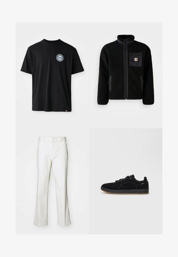 Schwarze Fleecejacke mit Reißverschluss vorne, hohem Kragen und strukturiertem Material. Verfügt über eine Brusttasche und seitliche Taschen mit Reißverschluss.; Schwarzes Baumwoll-T-Shirt mit einem runden Logo auf der Brust. Kurze Ärmel und Rundhalsausschnitt mit geradem Schnitt am Saum.; Weiße Baumwollhosen mit geradem Schnitt, ausgestattet mit einem Bund und normalen Taschen. Der Stoff wirkt glatt und leicht strukturiert.; Schwarze Wildledersneaker mit glatter Gummisohle, ausgestattet mit einem flachen Design, runden Schnürsenkeln und dezenten Nähakzenten.