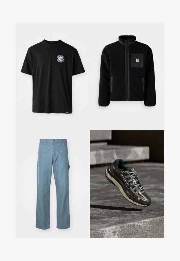 Schwarze Fleecejacke mit Reißverschluss vorne, hohem Kragen und strukturiertem Material. Verfügt über eine Brusttasche und seitliche Taschen mit Reißverschluss.; Schwarzes Baumwoll-T-Shirt mit einem runden Logo auf der Brust. Kurze Ärmel und Rundhalsausschnitt mit geradem Schnitt am Saum.; Hellblaue Baumwoll-Cargohosen mit geradem Bein, zwei Seitentaschen und einer Schlaufe am Bund für zusätzlichen Nutzen.; Dunkler metallischer und schwarzer Nike Laufschuh mit beige-farbener Sohle, der über grauen Betontreppen schwebt.