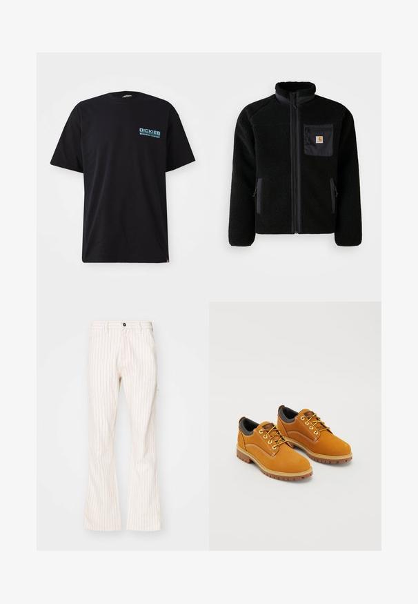 Sort fleecejakke med lynlås foran, høj krave og struktureret stof. Har en brystlomme og sidelommer med lynlåse.; Sort bomulds t-shirt med korte ærmer, forsynet med et blåt "DICKIES WORKWEAR COMPANY" logo på venstre bryst. Standard rund halsudskæring.; Kræmfarvede, flagrende bukser med lodrette røde striber, der har en knaplukning, sidelommer og et glat tekstureret stof.; Brune ruskindssko med rund tå, gule snørebånd, en polstret sort krave og gummisåler med skridsikre riller.