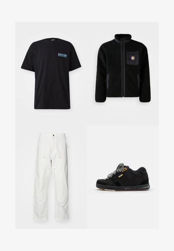 Schwarze Fleecejacke mit Reißverschluss vorne, hohem Kragen und strukturiertem Material. Verfügt über eine Brusttasche und seitliche Taschen mit Reißverschluss.; Schwarzes Baumwoll-T-Shirt mit kurzen Ärmeln, das ein blaues "DICKIES WORKWEAR COMPANY"-Logo auf der linken Brust trägt. Klassischer Rundhalsausschnitt.; Weiße Baumwoll-Cargohose mit lockerer Passform. Zu den Merkmalen gehören Fronttaschen, goldfarbene Hardware-Akzente und verstärkte Kniebereiche.; Globe SABRE - Sneaker low - black