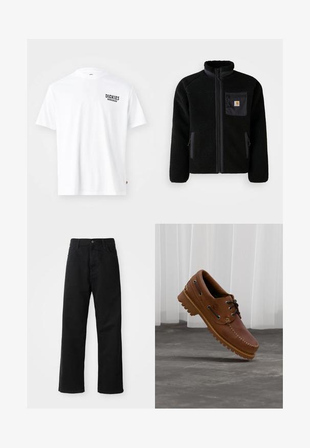 Sort fleecejakke med lynlås foran, høj krave og struktureret stof. Har en brystlomme og sidelommer med lynlåse.; Hvid bomulds t-shirt med rund hals, korte ærmer og et lille sort "Dickies Workwear" logo på venstre bryst. Glat tekstur, standard pasform.; Sorte denimbukser med lige snit, der har frontlommer, lynlås og en enkelt knap i toppen. Struktureret stof med en mat finish.; Brun læder bådsko med sorte snørebånd, beige syninger og en robust sål, hængende over en grå betongulv.