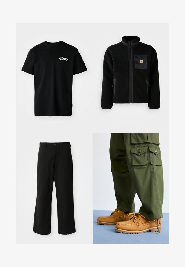 Schwarze Fleecejacke mit Reißverschluss vorne, hohem Kragen und strukturiertem Material. Verfügt über eine Brusttasche und seitliche Taschen mit Reißverschluss.; Schwarzes Baumwoll-T-Shirt mit kurzen Ärmeln und Rundhalsausschnitt. Mit einem weißen, geschwungenen Logo "DICKIES" auf der Brust. Schlichtes Design, ohne Muster.; Schwarze weit geschnittene Hose aus weichem Stoff, mit Fronttaschen und einem Knopfverschluss an der Taille. Minimalistisches Design ohne sichtbare Muster.; Timberland AUTHENTIC 3 EYE - Bootsschuh - wheat