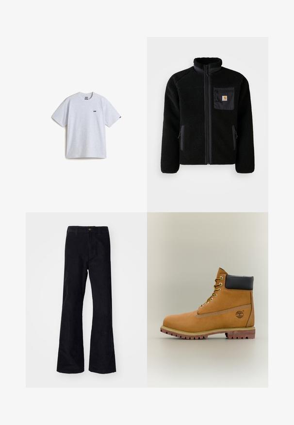 Schwarze Fleecejacke mit Reißverschluss vorne, hohem Kragen und strukturiertem Material. Verfügt über eine Brusttasche und seitliche Taschen mit Reißverschluss.; Helles graues T-Shirt mit kurzen Ärmeln aus Baumwolle, das ein kleines schwarzes Logo auf der Brust und einen Rundhalsausschnitt aufweist. Einfaches Design, keine Muster.; Schwarze, baumwollene Schlaghose mit traditionellem Bund, einem einzelnen vorderen Knopf und Taschen an den Seiten und hinten. Glatte Textur.; Brauner Leder-Stiefelette mit schwarzem Kragen, gelben Schnürsenkeln und hellbrauner Sohle. Verfügt über ein Logo und weiße Ziernähe. Robuste Profilsohle.