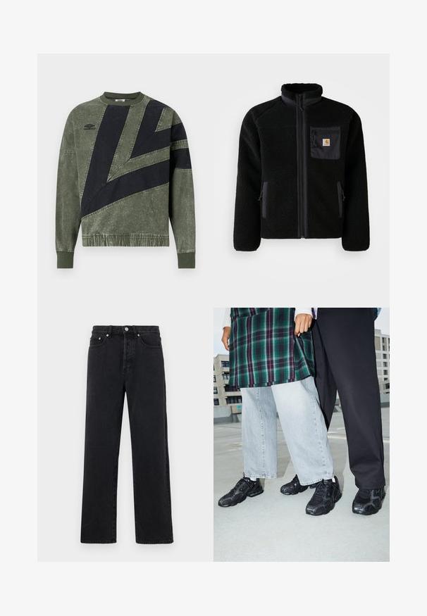 Sort fleecejakke med lynlås foran, høj krave og struktureret stof. Har en brystlomme og sidelommer med lynlåse.; Langærmet sweatshirt i grøn og sort farveblok med ribbede manchetter og krave, med Umbro-logo på venstre bryst.; Sorte denim straight-leg jeans med høj talje, fem lommer og metalknaplukning. Stof har en glat tekstur og let glans.; Sorte atletik sko med mesh- og gummidetaljer. Båret med lysegrå vide jeans og en ternet grøn bluse. Flad overflade i baggrunden.