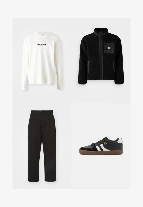 Zwarte fleecejack met een ritssluiting aan de voorkant, hoge kraag en textielstructuur. Voorzien van een borstzak en zijzakken met ritssluitingen.; Witte lange mouw geribbelde sweatshirt met een zwart logo "DICKIES" en "SINCE '22" eronder, ronde hals en manchetten.; Zwarte broek van gladde stof, met knoopsluiting, rechte snit en twee voorplooien voor extra detail.; Zwart-witte sneakers met een bovenwerk van suède en leer, voorzien van witte strepen, zwarte veters en een bruine rubberen zool. Gouden logo-accenten.