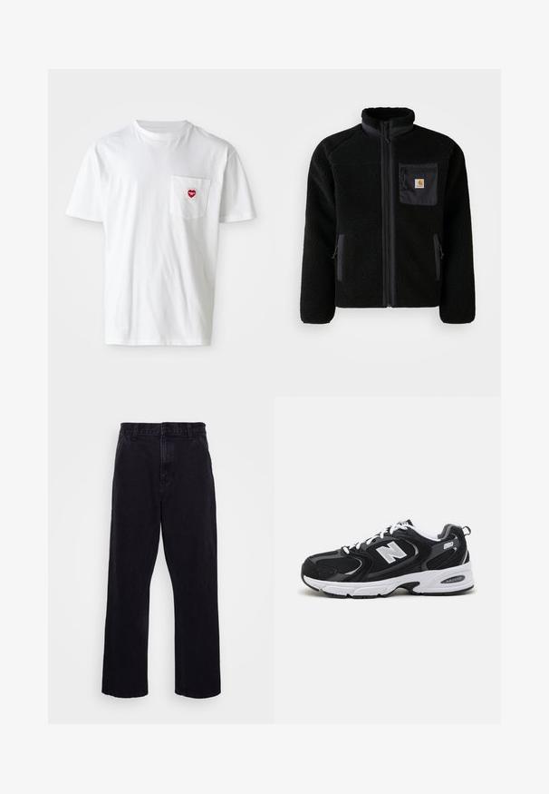 Schwarze Fleecejacke mit Reißverschluss vorne, hohem Kragen und strukturiertem Material. Verfügt über eine Brusttasche und seitliche Taschen mit Reißverschluss.; Weißes Baumwoll-T-Shirt mit rundem Halsausschnitt und kurzen Ärmeln. Verfügt über ein kleines rotes Herzlogo auf der linken Brusttasche.; Schwarze Jeanshose mit geradem Bein, ausgestattet mit einem Knopf- und Reißverschluss, Gürtelschlaufen und minimalen Nähdetails.; Schwarze und graue Sportschuhe mit Obermaterial aus Mesh und Wildleder, ausgestattet mit einer weißen Zwischensohle, Schnürsenkeln und einem markanten "N"-Logo an der Seite.