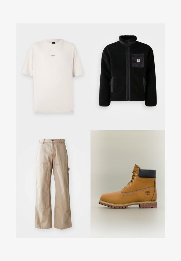 Zwarte fleecejack met een ritssluiting aan de voorkant, hoge kraag en textielstructuur. Voorzien van een borstzak en zijzakken met ritssluitingen.; Oakley RISE TEE - T-shirt basic - mist; Beige wijde broek van stevige katoen. Heeft voor- en zijzakken, zichtbare stiksels en metalen accenten op de zakken.; Bruine leren enkellaars met zwarte kraag, gele veters en een zandkleurige zool. Voorzien van een logo en witte stikseldetails. Robuuste loopzool met grip.