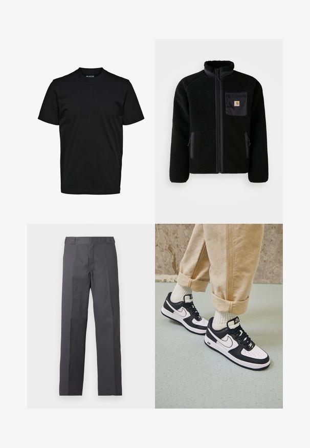 Schwarze Fleecejacke mit Reißverschluss vorne, hohem Kragen und strukturiertem Material. Verfügt über eine Brusttasche und seitliche Taschen mit Reißverschluss.; Schwarzes, schlichtes T-Shirt mit kurzen Ärmeln, Rundhalsausschnitt und regulärer Passform ohne sichtbare Muster oder Logos.; Dunkelgraue gerade geschnittene Hose mit flacher Vorderseite und ohne sichtbare Taschen, auf weißem Hintergrund dargestellt.; Schwarz-weiße Nike Air Force 1 Sneaker mit einem Obermaterial aus Leder, perforierter Zehenpartie und strukturiertem Sohlendesign, getragen mit aufgerollten beigen Hosen und weißen Socken.