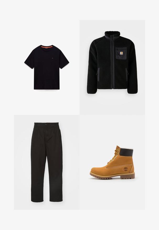 Sort fleecejakke med lynlås foran, høj krave og struktureret stof. Har en brystlomme og sidelommer med lynlåse.; Sort kortærmet T-shirt med rund hals, lille logo på brystet og orange detalje i den indvendige krave, lagt fladt på en hvid baggrund.; Sorte bukser lavet af glat stof, med knaplukning, lige pasform og to frontfolder for ekstra detalje.; Brune læder ankelstøvle med metaløjer, hvid pelsforing, sort polstret krave, robust sål og præget logo på siden.