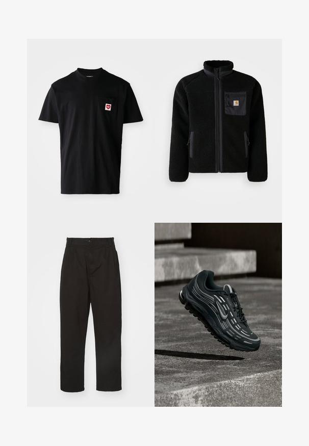 Sort fleecejakke med lynlås foran, høj krave og struktureret stof. Har en brystlomme og sidelommer med lynlåse.; Sort bomulds t-shirt med rund halsudskæring, korte ærmer og en venstre brystlomme med et rødt hjertepude og hvid tekst.; Sorte bukser lavet af glat stof, med knaplukning, lige pasform og to frontfolder for ekstra detalje.; Sort og grå Nike Air Max sneaker, der flyder over grå betontrin med tekstureret jordbaggrund.