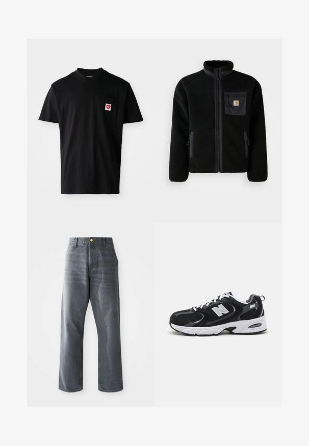 Sort fleecejakke med lynlås foran, høj krave og struktureret stof. Har en brystlomme og sidelommer med lynlåse.; Sort bomulds t-shirt med rund halsudskæring, korte ærmer og en venstre brystlomme med et rødt hjertepude og hvid tekst.; Sorte løse herrejeans i grådenim med brede ben, fremadskuende lommer og en enkelt synlig guldknap i taljen.; Sorte og grå sportssko med mesh og ruskind på overdelen, der har en hvid mellemsål, snørebånd og et iøjnefaldende "N" logo på siden.