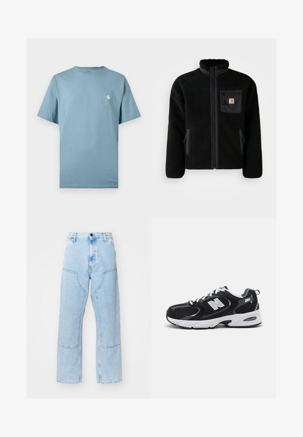 Schwarze Fleecejacke mit Reißverschluss vorne, hohem Kragen und strukturiertem Material. Verfügt über eine Brusttasche und seitliche Taschen mit Reißverschluss.; Hellblaues T-Shirt mit kurzen Ärmeln und Rundhalsausschnitt sowie einem kleinen weißen Logo auf der linken Brust, präsentiert vor einem schlichten Hintergrund.; Hellblaue, gerade geschnittene Jeans mit großen Fronttaschen und kontrastierenden Nähten. Der Stoff hat eine ausgewaschene, weiche Textur.; Schwarze und graue Sportschuhe mit Obermaterial aus Mesh und Wildleder, ausgestattet mit einer weißen Zwischensohle, Schnürsenkeln und einem markanten "N"-Logo an der Seite.