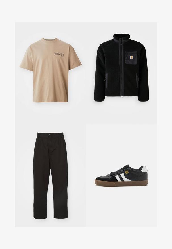 Sort fleecejakke med lynlås foran, høj krave og struktureret stof. Har en brystlomme og sidelommer med lynlåse.; Beige bomulds-T-shirt med korte ærmer og rund hals. Har "DICKIES" printet i sort på venstre bryst. Klassisk pasform og glat tekstur.; Sorte bukser lavet af glat stof, med knaplukning, lige pasform og to frontfolder for ekstra detalje.; Sorte og hvide sneakers med overdel i ruskind og læder, der har hvide striber, sorte snørebånd og en brun gummisål. Guld logo detaljer.