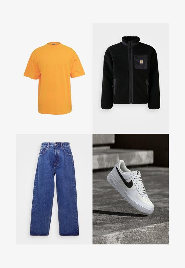 Sort fleecejakke med lynlås foran, høj krave og struktureret stof. Har en brystlomme og sidelommer med lynlåse.; Orange bomulds t-shirt med rund halsudskæring, korte ærmer og en afslappet pasform. Ingen mønstre eller detaljer. Glat tekstur.; Bredde ben, blå denim jeans med høj talje, der har fem lommer, knaplukning og subtile blødgøringer for tekstur.; Hvid Nike Air Force 1-sneaker med sort swoosh, snørebånd bundet, placeret i luften over tekstureret betonoverflade udendørs.