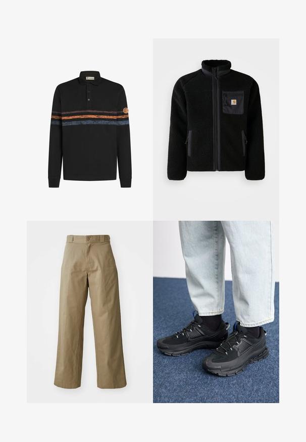 Sort fleecejakke med lynlås foran, høj krave og struktureret stof. Har en brystlomme og sidelommer med lynlåse.; Sort langærmet polo-shirt med et struktureret horisontalt stribemønster i orange og blå, med et logo-patch på venstre ærme.; Khaki bredde ben bukser lavet af bomuldsblandingsstof, med en enkelt knaplukning og synlige sidelommer. Glat tekstur, plisseret detalje.; Sorte træningssko med tekstureret stof og gummisåler, udstyret med elastiske snørebånd og en blå detalje på hælen. Bæres med lyse denimbukser.