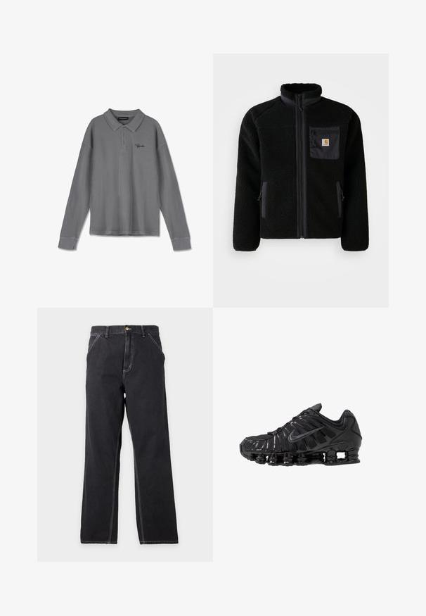Veste en polaire noire avec fermeture éclair à l'avant, col haut et tissu texturé. Elle dispose d'une poche sur la poitrine et de poches latérales avec fermetures éclair.; Polo à manches longues en tissu rayé gris. Il possède un col, une patte de boutonnage à trois boutons et un branding noir subtil sur la poitrine.; Jean noir à coupe droite avec poches avant, passants de ceinture et coutures blanches visibles sur un fond gris clair uni.; Chaussures de sport noires en mesh et matériaux synthétiques, présentant un design ondulé distinct, une semelle en caoutchouc noire et des accents réfléchissants.