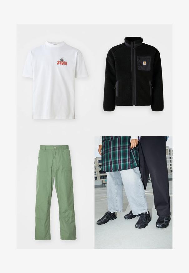 Sort fleecejakke med lynlås foran, høj krave og struktureret stof. Har en brystlomme og sidelommer med lynlåse.; Hvid bomulds t-shirt med teksten "the new originals" i rødt og blå stjerner, rund hals og korte ærmer.; Lysgrønne, afslappede bukser med en glat tekstur, der har sidelommer og synlige syninger. Hel længde med et lige ben-design.; Sorte atletik sko med mesh- og gummidetaljer. Båret med lysegrå vide jeans og en ternet grøn bluse. Flad overflade i baggrunden.