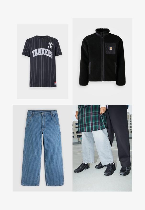Veste en polaire noire avec fermeture éclair à l'avant, col haut et tissu texturé. Elle dispose d'une poche sur la poitrine et de poches latérales avec fermetures éclair.; T-shirt bleu marine à manches courtes avec fines rayures blanches, texte "YANKEES" et logo NY à l'avant, ainsi qu'une petite étiquette près de l'ourlet.; Jean bleu à jambes larges avec fines rayures verticales blanches, poches avant, passants pour ceinture et fermeture par bouton à la taille.; Baskets de sport noires avec des accents en mesh et en caoutchouc. Portées avec un jean large gris clair et un haut à carreaux vert. Fond à surface plane.