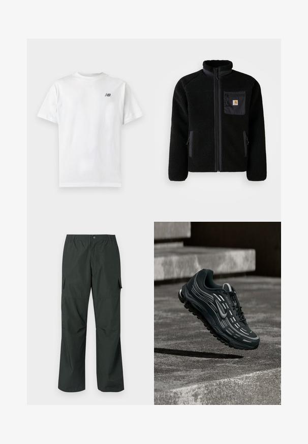 Zwarte fleecejack met een ritssluiting aan de voorkant, hoge kraag en textielstructuur. Voorzien van een borstzak en zijzakken met ritssluitingen.; Witte T-shirt met korte mouwen en ronde hals met een klein zwart New Balance-logo op de linker bovenkant van de borst op een effen lichte achtergrond.; Donker groene cargobroek met een ontspannen pasvorm, elastische tailleband, gestikte zakken en een soepele, lichte stoftextuur.; Zwarte en grijze Nike Air Max sneaker zwevend boven grijze betonnen trappen met een gestructureerde achtergrond van de grond.