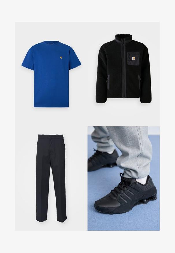 Schwarze Fleecejacke mit Reißverschluss vorne, hohem Kragen und strukturiertem Material. Verfügt über eine Brusttasche und seitliche Taschen mit Reißverschluss.; Blaues Baumwoll-T-Shirt mit Rundhalsausschnitt, kurzen Ärmeln und einem kleinen goldenen Logo auf der Brust. Glatte Textur und lässige Passform.; Schwarze maßgeschneiderte Hose mit geradem Schnitt, aus glattem Stoff gefertigt, mit einem Bund mit Gürtelschlaufen und ohne sichtbare Muster oder Beschläge.; Person in schwarzen Nike Shox Sneakers und grauen Jogginghosen, der auf einem hellblauen Teppich steht.