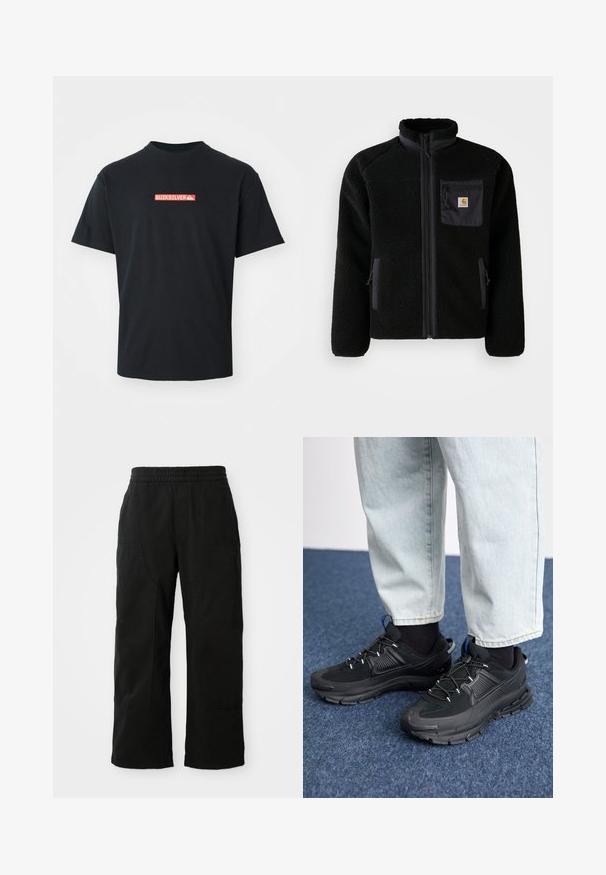 Zwarte fleecejack met een ritssluiting aan de voorkant, hoge kraag en textielstructuur. Voorzien van een borstzak en zijzakken met ritssluitingen.; Zwarte t-shirt met korte mouwen en een klein rood en wit Quiksilver-logo gecentraliseerd op de borst, weergegeven tegen een effen witte achtergrond.; Zwarte katoenen broek met een elastische tailleband, wijd gesneden ontwerp en grote zijzakken. De stof lijkt zacht met een gladde textuur.; Zwarte sportschoenen met gestructureerde stof en rubberen zolen, met elastische veters en een blauwe accent op de hiel. Draag samen met lichte spijkerbroeken.
