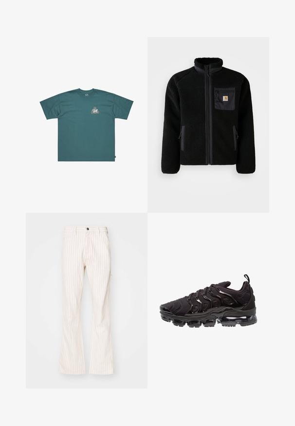 Sort fleecejakke med lynlås foran, høj krave og struktureret stof. Har en brystlomme og sidelommer med lynlåse.; Teal bomulds T-shirt med korte ærmer og løs pasform. Har en trekantet grafik med farverigt design og mærkenavn på brystet.; Kræmfarvede, flagrende bukser med lodrette røde striber, der har en knaplukning, sidelommer og et glat tekstureret stof.; Sorte atletiksko med et tekstureret stofoverdel, metalliske detaljer og en markant luftfyldt sål. Har distinkte bølge-lignende designelementer.