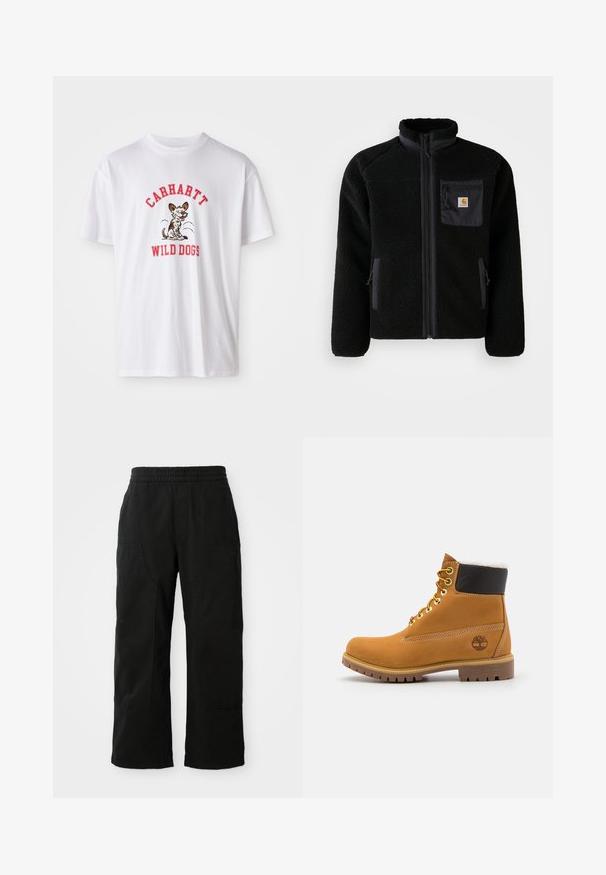 Veste en polaire noire avec fermeture éclair à l'avant, col haut et tissu texturé. Elle dispose d'une poche sur la poitrine et de poches latérales avec fermetures éclair.; T-shirt en coton blanc avec le texte brodé rouge "CARHARTT WILD DOGS" et un graphique de chien cartoon sur le devant. Manches courtes, col rond.; Pantalons en coton noir avec une taille élastique, un design à jambes larges et de grandes poches latérales. Le tissu semble doux avec une texture lisse.; Bottine en cuir brun avec œillets en métal, doublure en fourrure blanche, col rembourré noir, semelle robuste et logo en relief sur le côté.