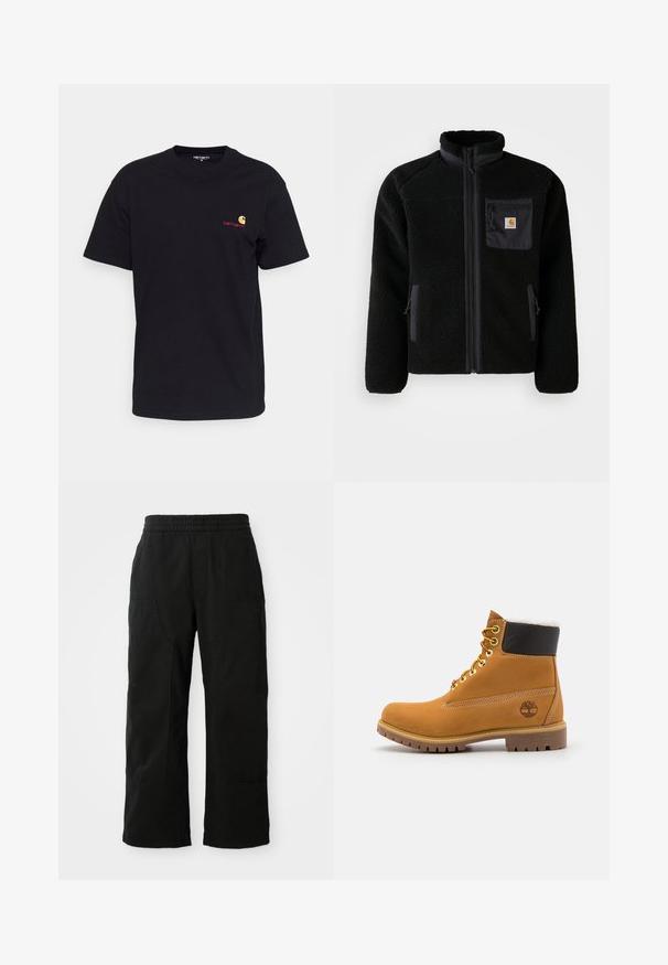 Veste en polaire noire avec fermeture éclair à l'avant, col haut et tissu texturé. Elle dispose d'une poche sur la poitrine et de poches latérales avec fermetures éclair.; T-shirt en coton noir à manches courtes, col rond, avec un petit logo coloré sur la poitrine gauche. Coupe classique avec une texture lisse.; Pantalons en coton noir avec une taille élastique, un design à jambes larges et de grandes poches latérales. Le tissu semble doux avec une texture lisse.; Bottine en cuir brun avec œillets en métal, doublure en fourrure blanche, col rembourré noir, semelle robuste et logo en relief sur le côté.