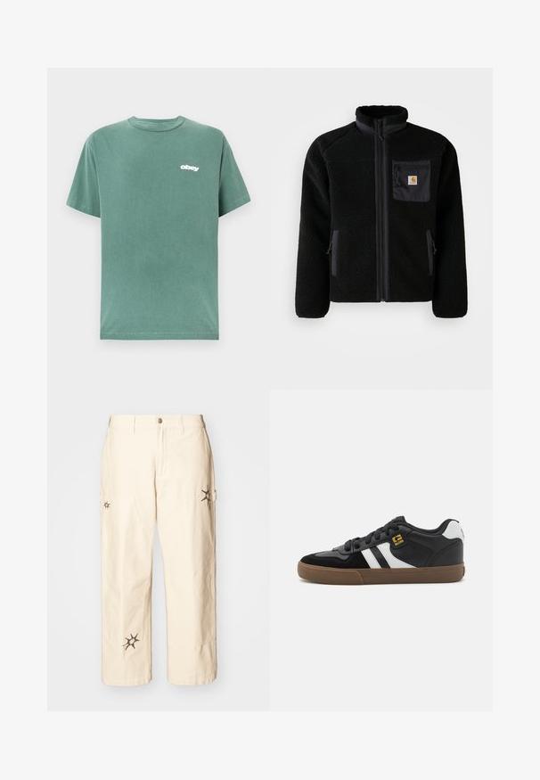 Schwarze Fleecejacke mit Reißverschluss vorne, hohem Kragen und strukturiertem Material. Verfügt über eine Brusttasche und seitliche Taschen mit Reißverschluss.; Grünes Kurzarm-T-Shirt aus Baumwolle, mit Rundhalsausschnitt und einem weißen "obey"-Logo auf der linken Brust. Glatte Textur.; Obey Clothing BIG TIMER CARPENTER - Cargohose - clay; Schwarz-weiße Sneakers mit einem Obermaterial aus Wildleder und Leder, ausgestattet mit weißen Streifen, schwarzen Schnürsenkeln und einer braunen Gummisohle. Mit goldenen Logo-Akzenten.