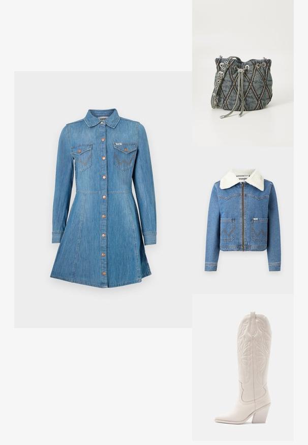 Denim jakk, millel on kokku tõmmatav esitasku, helesinine värv, vale karvane krae, kaks esist kotti, millel on sakilised õmblused, ja Wrangler logo detail.; Sinine teksakleit pikkade varrukatega, nööbiga esiosa, kaks rinnaesist taskut ja lõhkuv seelik. Sisaldab vaskse tooni nuppe ja kontrastõmblusi.; Valge nahast cowboy-s выпiş с заостреным varvastega ja plokknäheeliga. Omab keerukaid tikandimustreid varreosas ja siledat tekstuuri.; Denimist kott, millel on teemantkujuline quilting-muster, hallal pael-sulgur, hõbedased lisandid ja pehme tekstuur, millel on eemaldatav rihm.