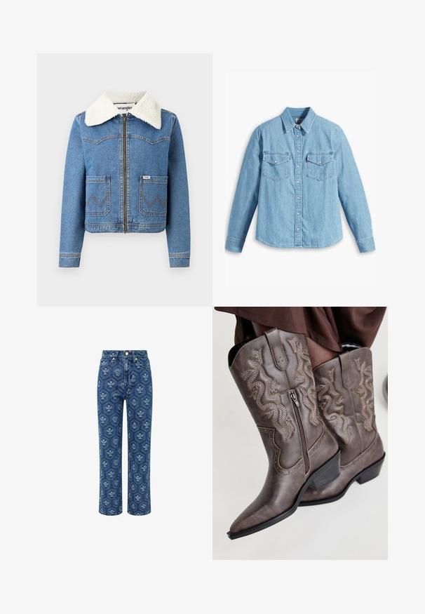 Denim jakk, millel on kokku tõmmatav esitasku, helesinine värv, vale karvane krae, kaks esist kotti, millel on sakilised õmblused, ja Wrangler logo detail.; Heledad sinine teksast särk pika varrukaga, terava kraega, kahe rinna taskuga, nööbiplikaadiga ja peene tekstuuriga. Nähtavaid mustreid pole.; Tumed sinised teksad lillelise mustriga, kõrge vöökohaga, sirge jala disain, millel on kuldse tooni detailid ja peene tekstuur.; Pruunid nahast cowboy saapad terava nina, külgining, ja beeži värvi tekstureeritud mao muster, mille äärtes on dekoratiivsed nurgastud.