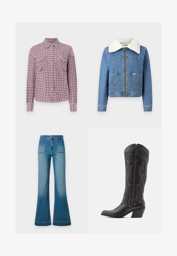 Jeansjacke mit Reißverschluss vorne, in hellblauer Farbe, mit Kragen aus Kunstfell, zwei vorderen Taschen mit Zickzacknähten und Wrangler-Logodetail.; Lila- und rosa kariertes Hemd mit Knöpfen, einem Kragen, zwei Brusttaschen und langen Ärmeln. Hergestellt aus Stoff mit einem karierten Muster.; Blaue hochgeschnittene Jeans mit vorderen Paspeltaschen und Schlagbeinen, ausgestattet mit einem Knopf- und Reißverschluss.; Braune Cowboy-Stiefel aus Leder mit Flammenstickerei, seitlichem Reißverschluss, silbernen Nieten, spitzer Zehenpartie und geschichtetem Absatz.