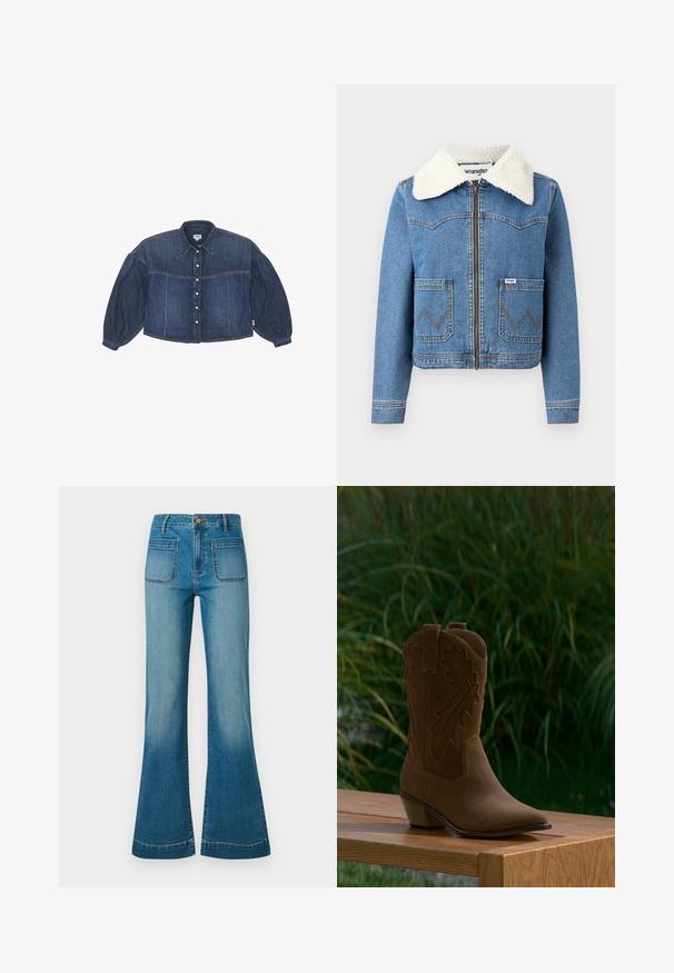 Jeansjacke mit Reißverschluss vorne, in hellblauer Farbe, mit Kragen aus Kunstfell, zwei vorderen Taschen mit Zickzacknähten und Wrangler-Logodetail.; Abgeschnittenes Denim-Hemd in Dunkelblau mit Knopfverschluss, spitzem Kragen und puffartigen langen Ärmeln. Verfügt über horizontale Nähdetails.; Blaue hochgeschnittene Jeans mit vorderen Paspeltaschen und Schlagbeinen, ausgestattet mit einem Knopf- und Reißverschluss.; Brauner Wildleder-Cowboystiefel mit dekorativer Naht, spitzer Schuhspitze und niedrigem, abgewinkeltem Absatz, präsentiert auf einer Holzbank im Freien.